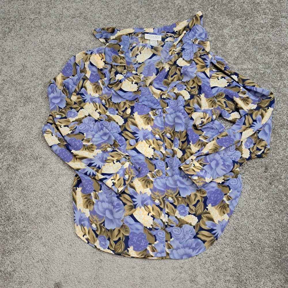Dividends Vintage Women Blue Purple Floral Button Down Blouse Size 14 L/S